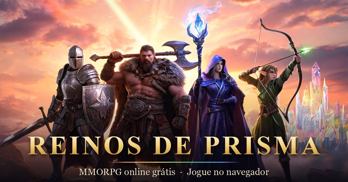 Cavaleiro, Bárbaro, Maga e Arqueira diante da cidade de cristal de Reinos de Prisma